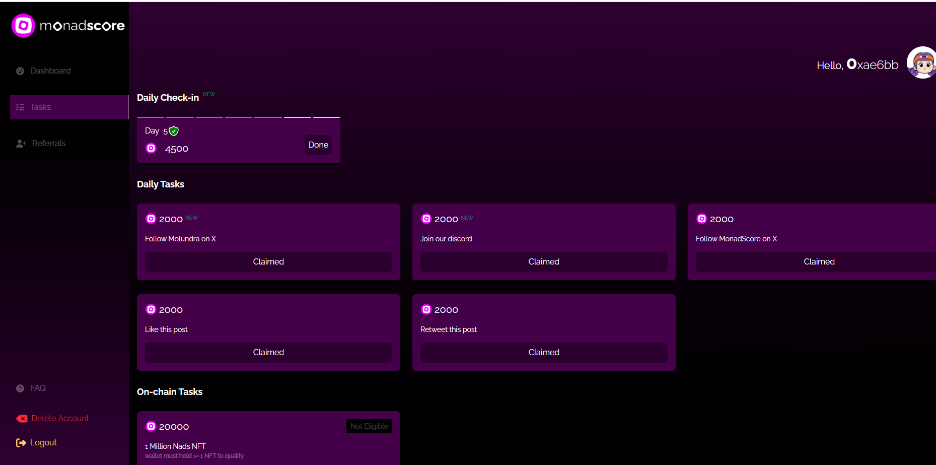 Monad 生态项目之:MonadScore 挂机