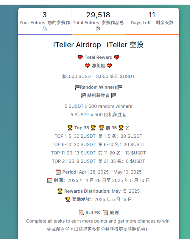 gleam的iTeller Airdrop   iTeller 空投填表抽奖